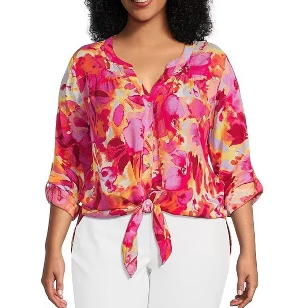 Figueroa & Flower Roxy Floral Print Banded V-Neck Roll-Tab Sleeve Button Front